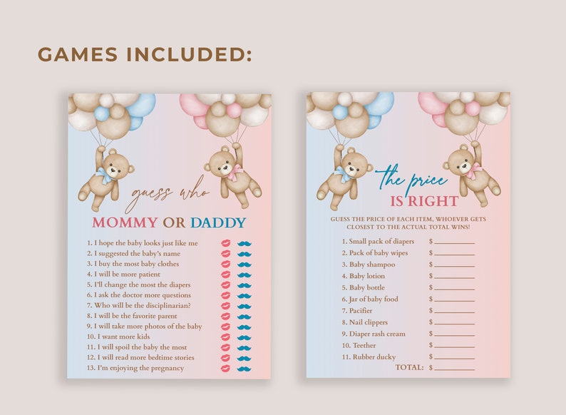 12 Printable Gender Reveal Games Teddy Bear Baby Shower Games Etsy