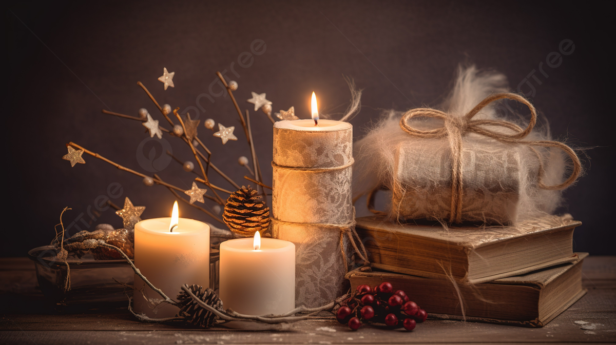 Three Candles With Different Labels On Them Next To A Plant And A Sign